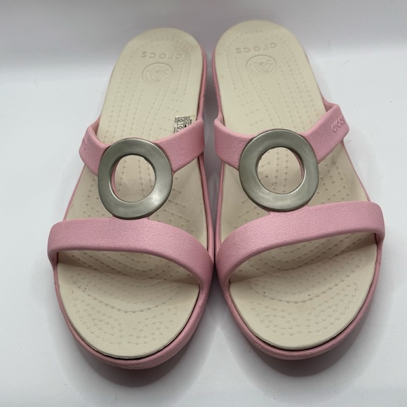 Crocs Retired Sanrah Slide Sandal US 9 Pink & Pink– Iconic Circle Double Strap - Picture 1 of 16